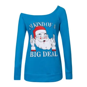 Women Autumn Winter Shoulder Christmas Long Sleeve Santa Claus