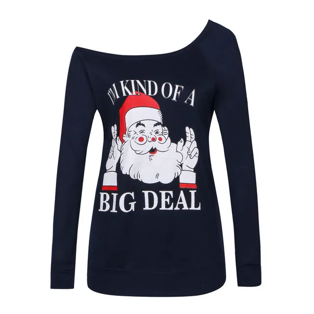 Women Autumn Winter Shoulder Christmas Long Sleeve Santa Claus