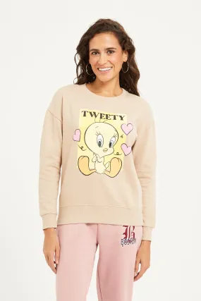 Women Beige Tweety Printed Sweatshirt