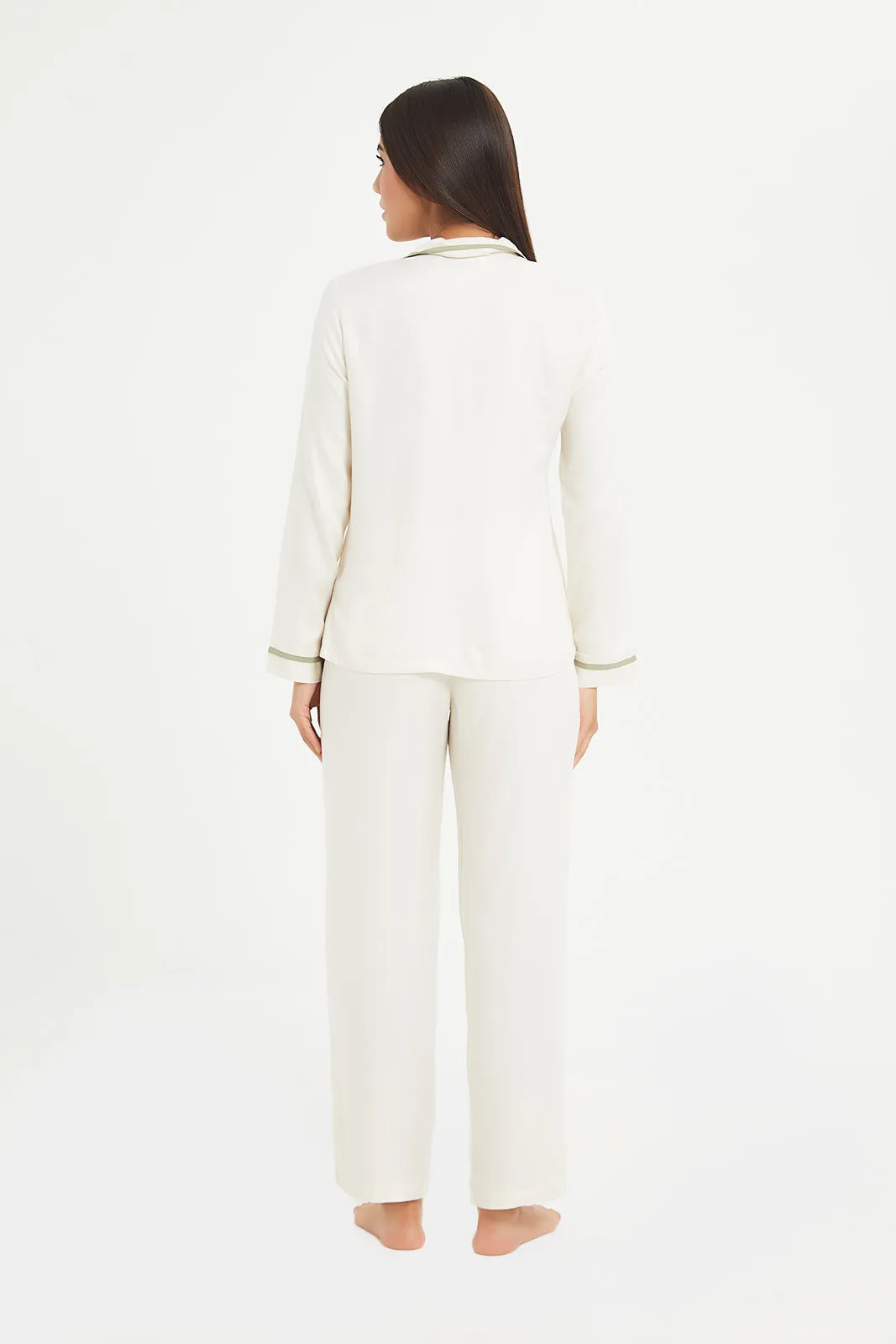Women Ivory Piping Twill Pajama Set (2 Piece)