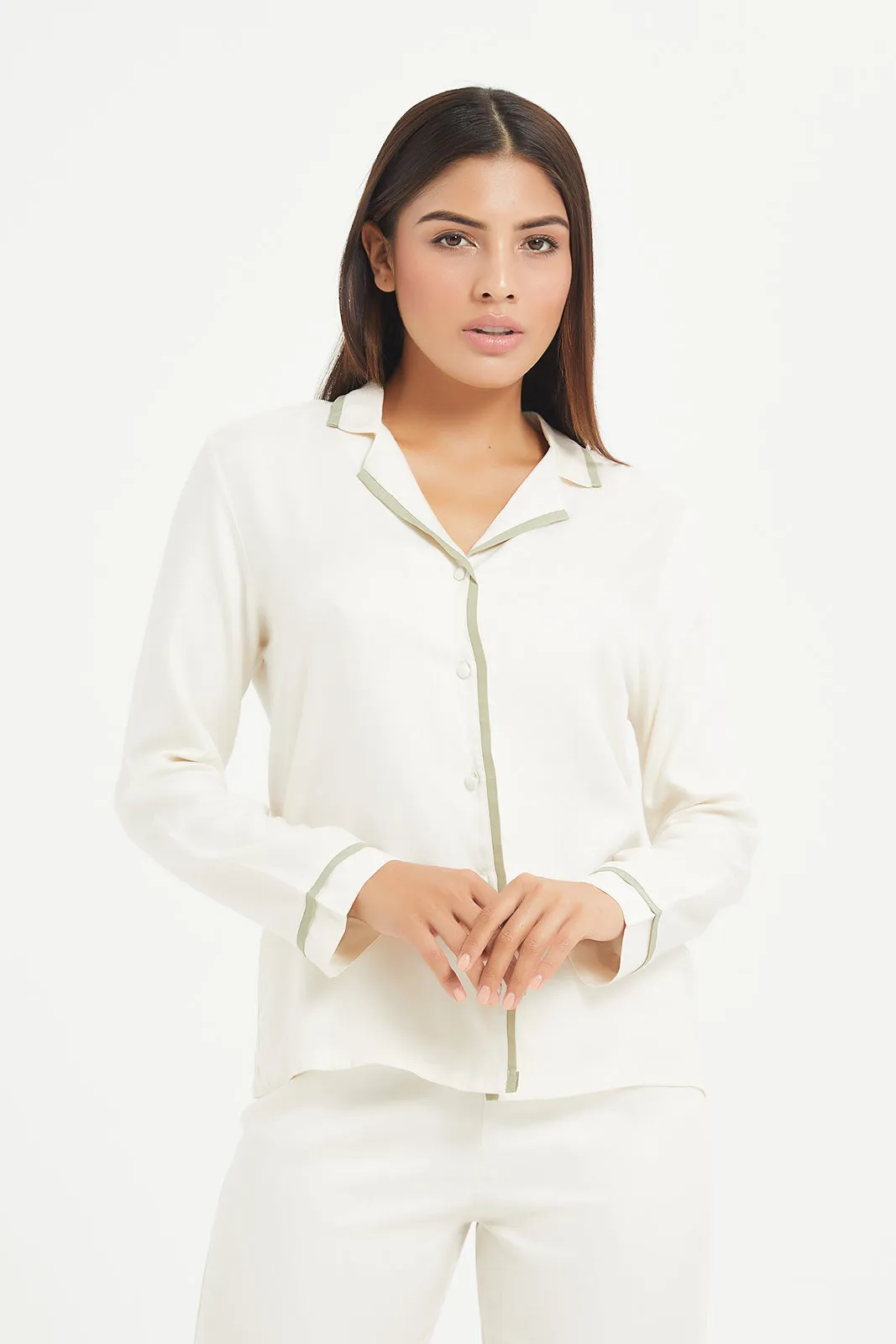 Women Ivory Piping Twill Pajama Set (2 Piece)