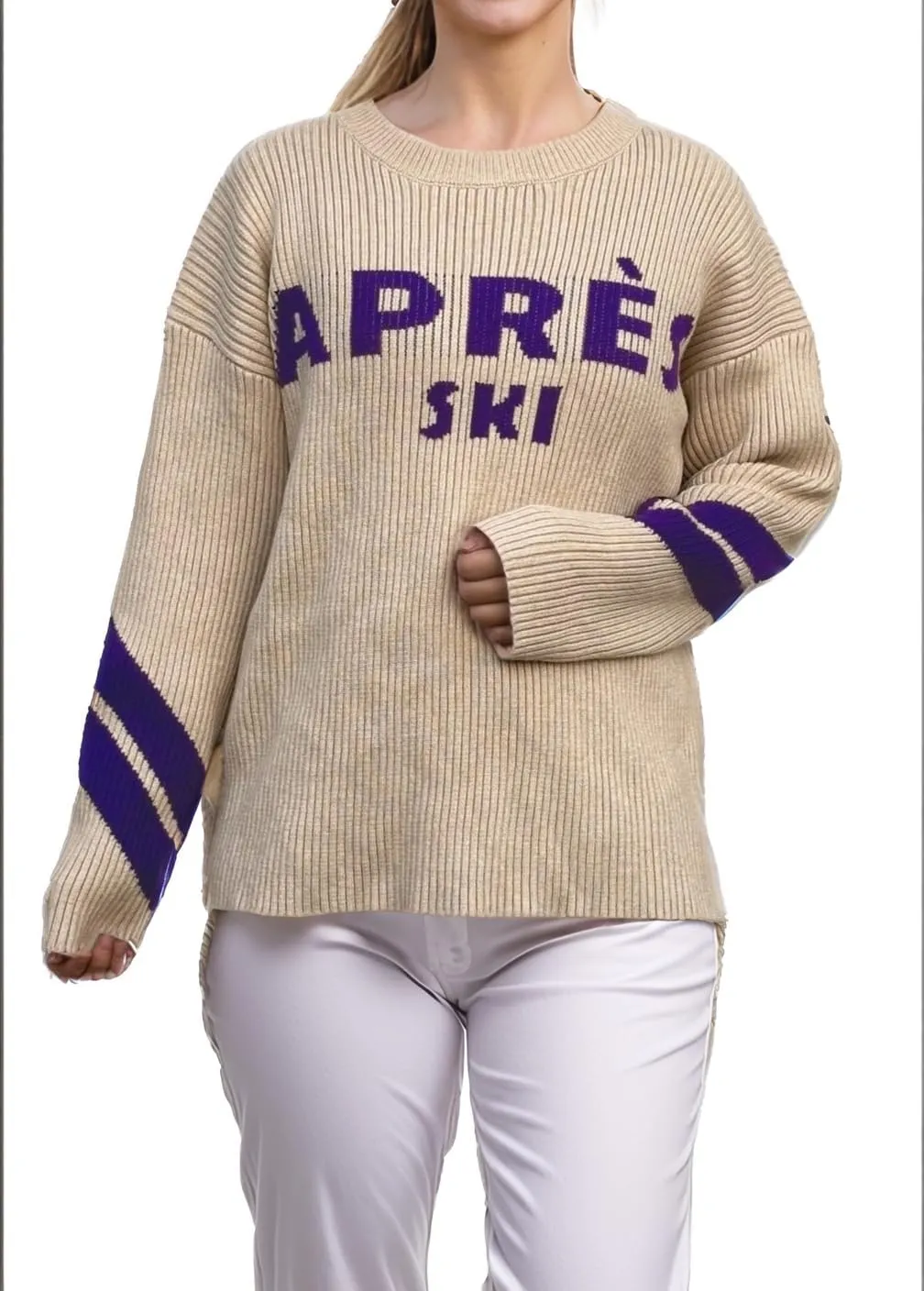 Women Long Sleeve Sweaters Apres Ski Sweaters Stripe Sleeve Fashion Tops Chunky Winter Skiing Outfits Shirt