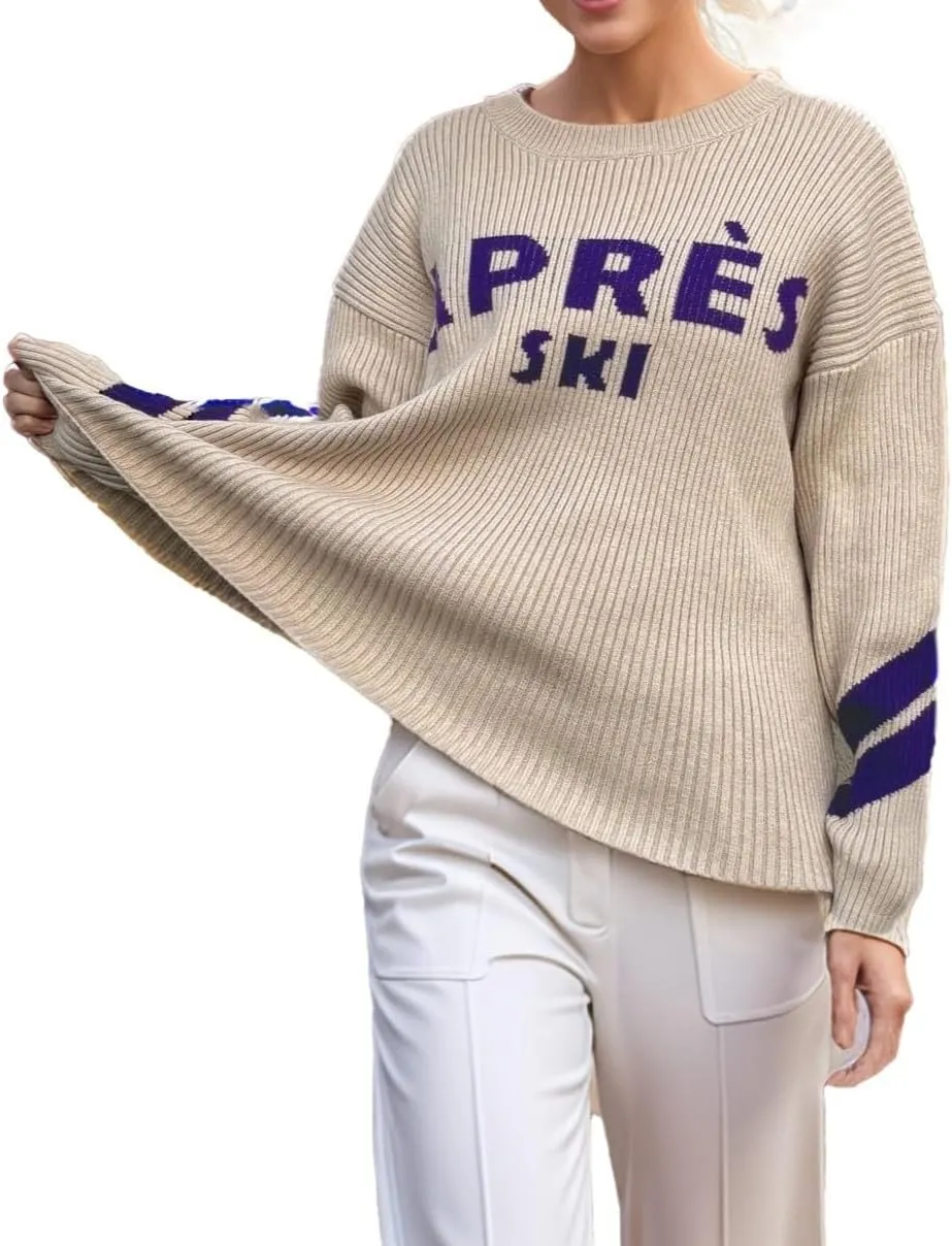 Women Long Sleeve Sweaters Apres Ski Sweaters Stripe Sleeve Fashion Tops Chunky Winter Skiing Outfits Shirt