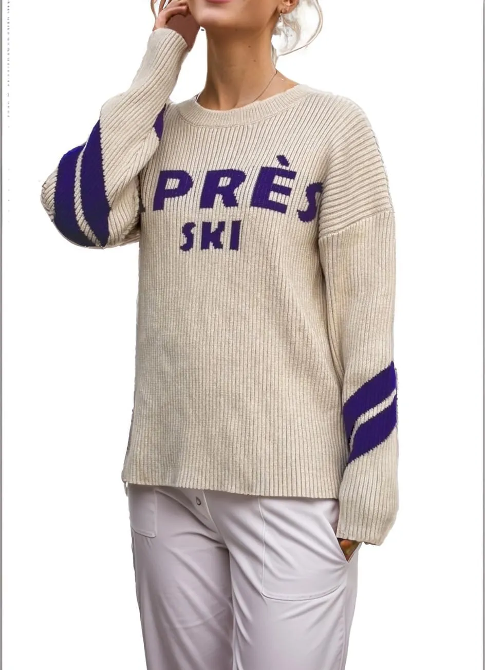 Women Long Sleeve Sweaters Apres Ski Sweaters Stripe Sleeve Fashion Tops Chunky Winter Skiing Outfits Shirt