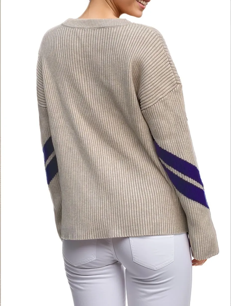 Women Long Sleeve Sweaters Apres Ski Sweaters Stripe Sleeve Fashion Tops Chunky Winter Skiing Outfits Shirt