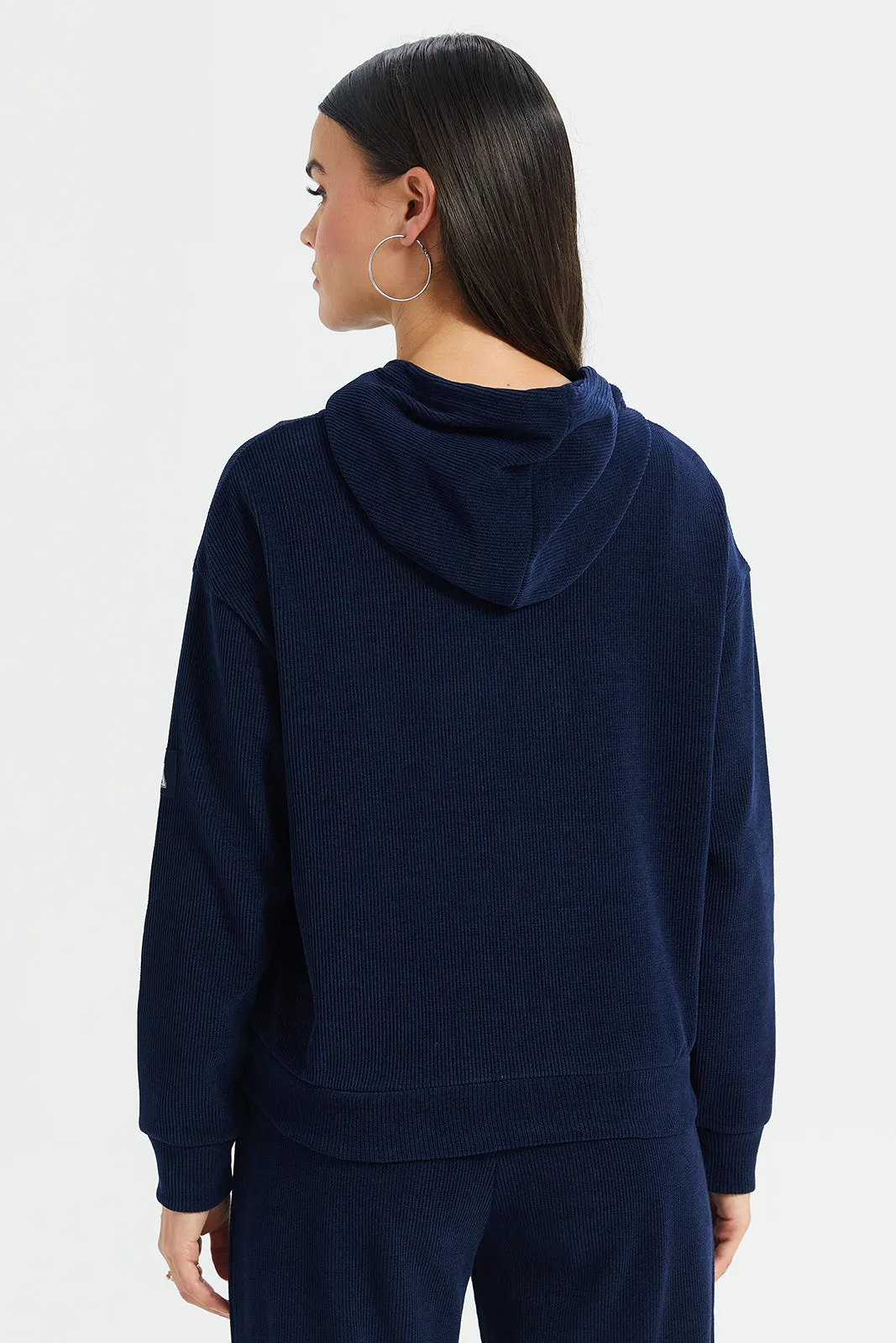 Women Navy Plain Hooded Sweatshirt