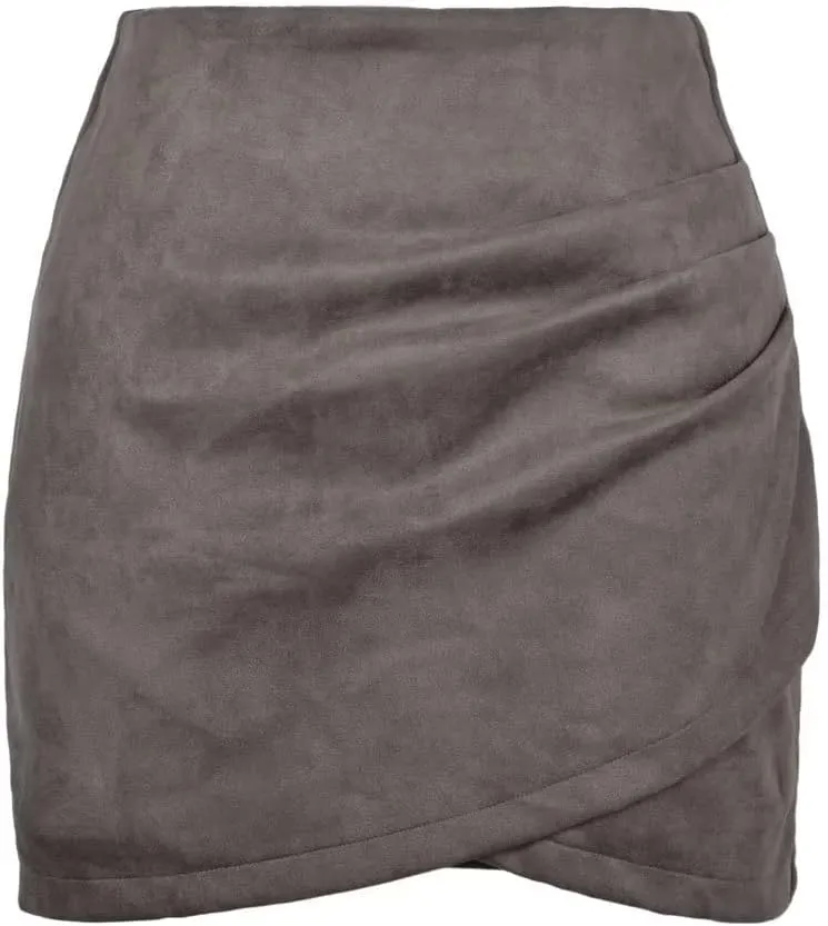 Women Skirts High Waist Pleated Wrap Faux Suede Mini Skirts Zipper A-Line Above Knee Bodycon Mini Skirts Pencil Skirt