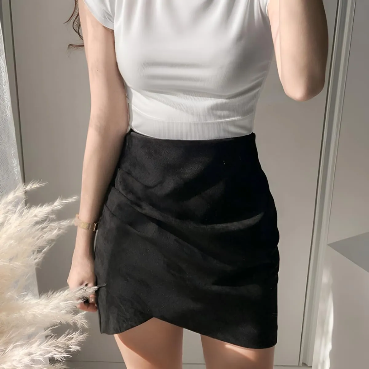 Women Skirts High Waist Pleated Wrap Faux Suede Mini Skirts Zipper A-Line Above Knee Bodycon Mini Skirts Pencil Skirt