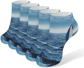 Women Socks Blue Sea Sailboat Printed Christmas Socks Ankle Socks Athletic Socks Slipper Socks No Show Socks