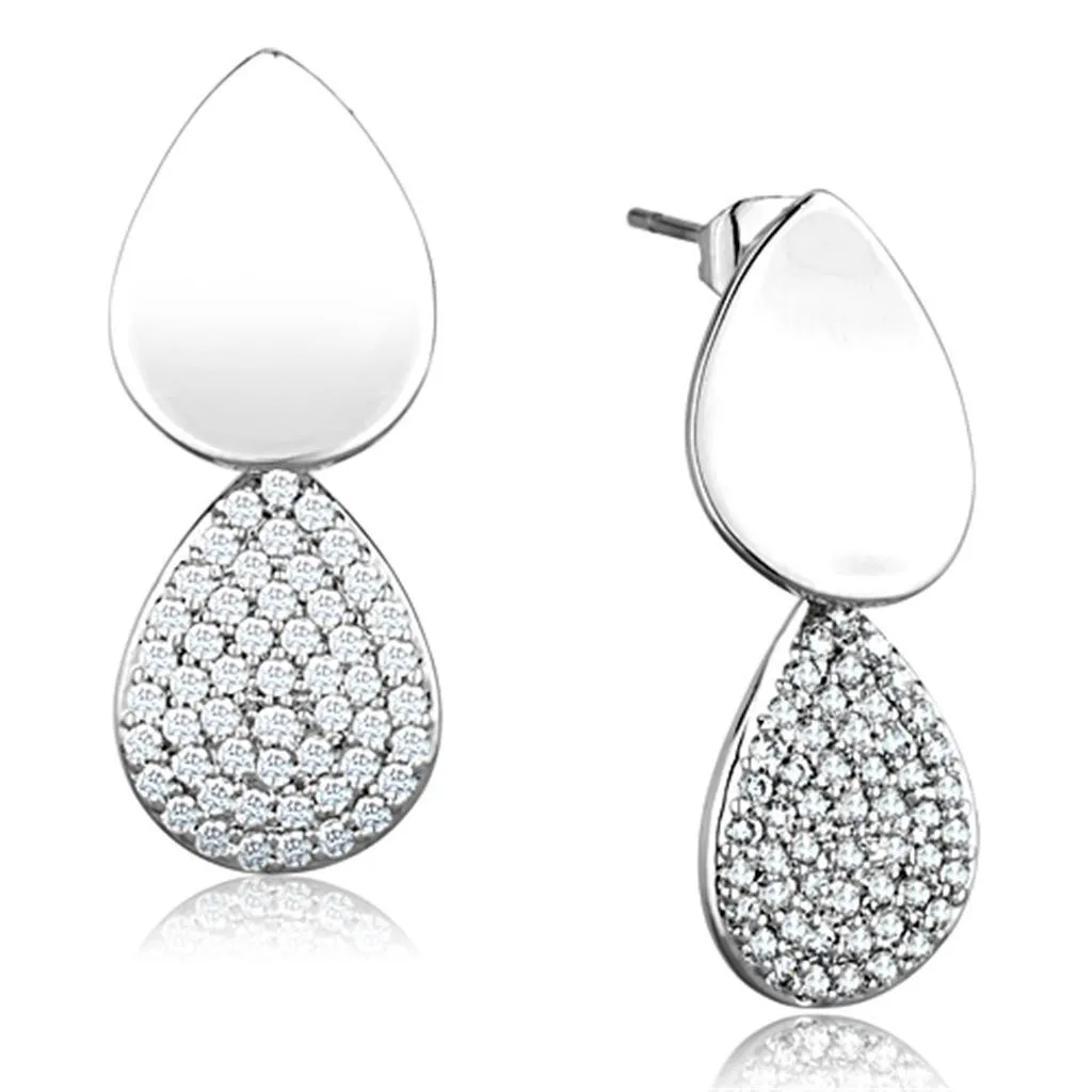 Women's Earrings - 3W659 - Rhodium Brass Earrings with AAA