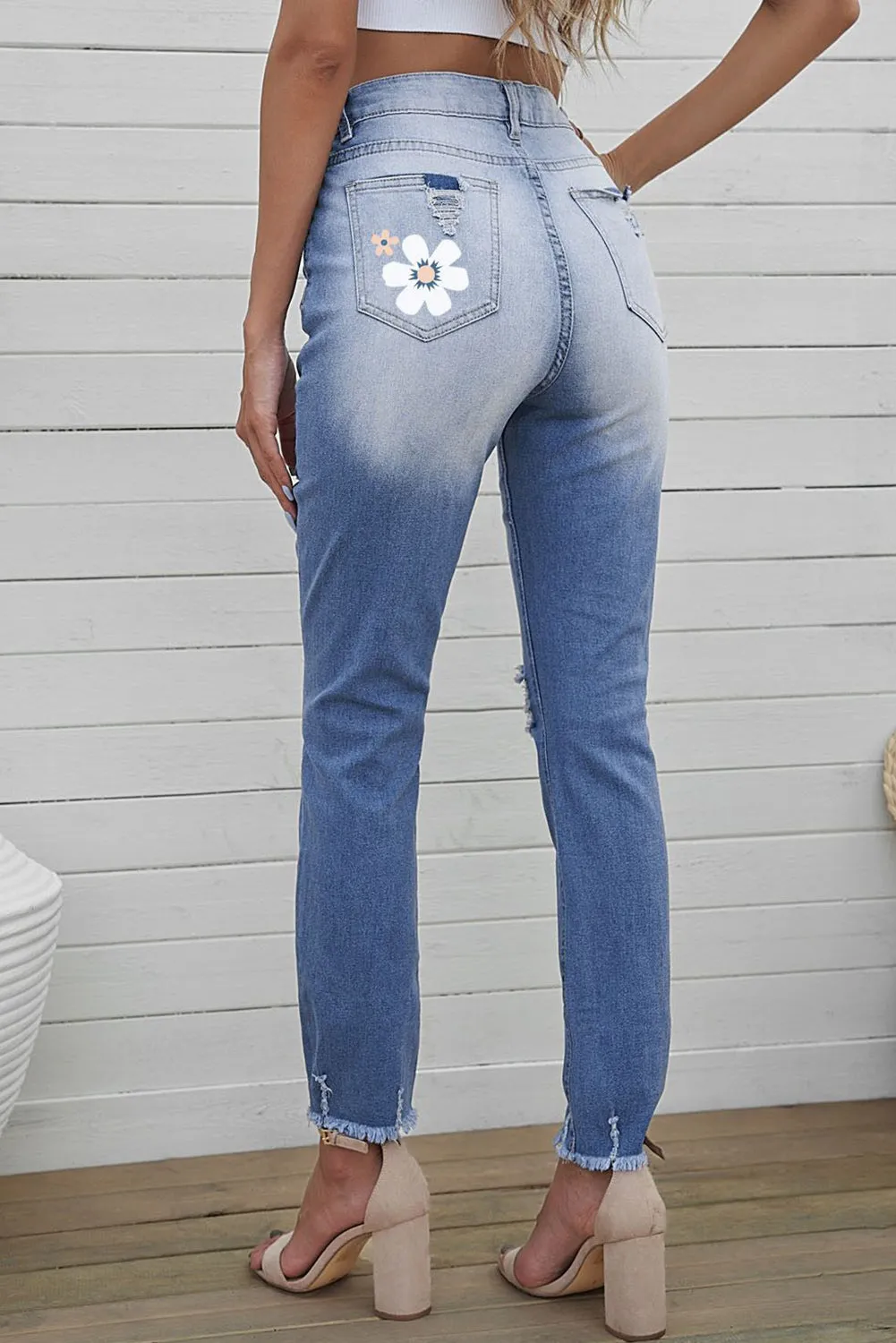 Women's Floral Daisy Distressed Frayed Raw Hem Ripped Jeans Straight Cut out Denim Pants