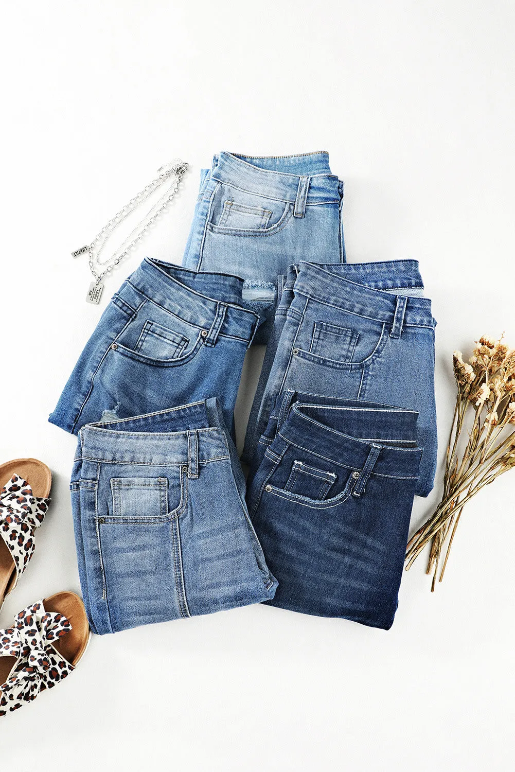 Women's Floral Daisy Distressed Frayed Raw Hem Ripped Jeans Straight Cut out Denim Pants