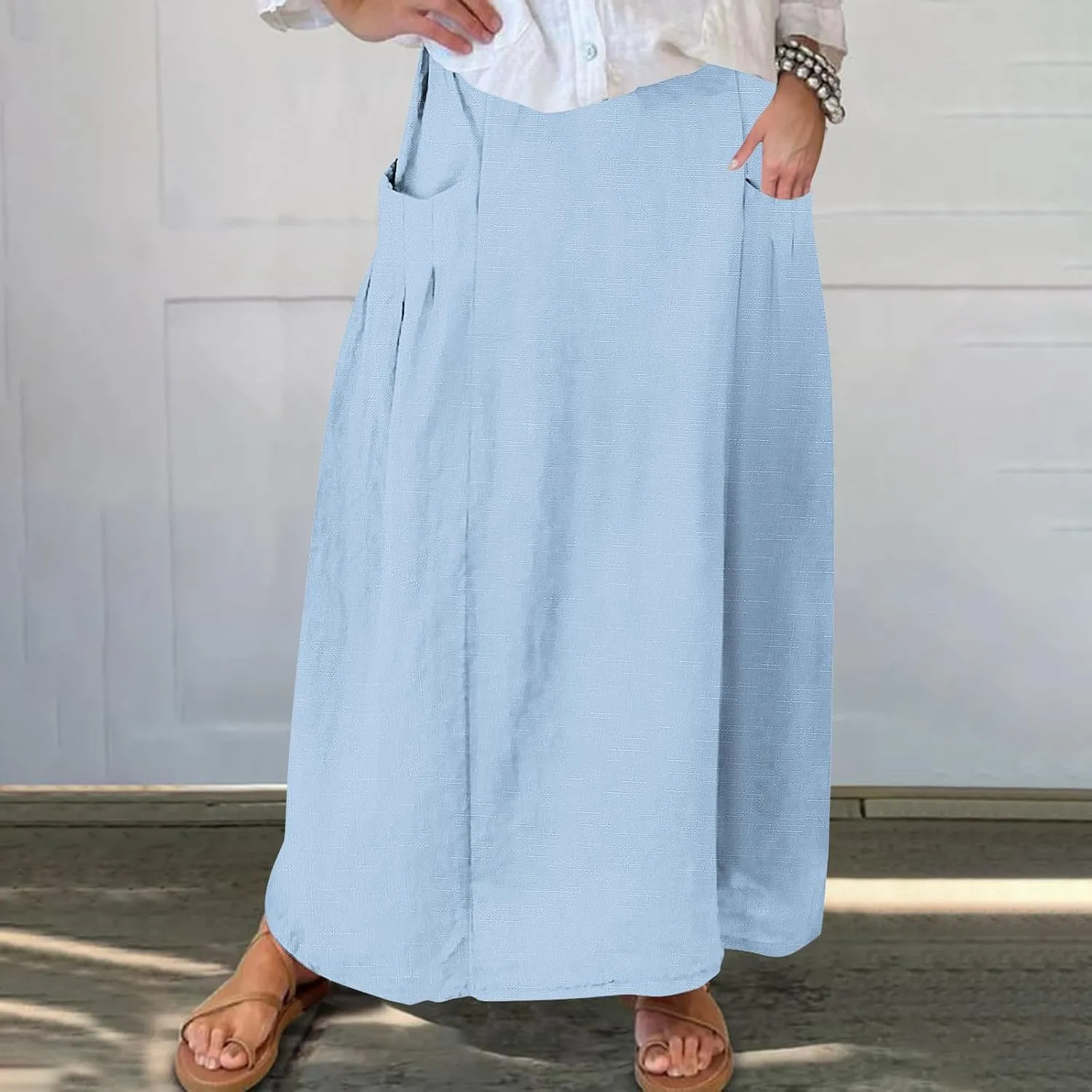 Womens High Waist Maxi Skirts Casual Loose Fit Flowy Swing Pleated A Line Long Skirts Solid Color Skirts with Pocket