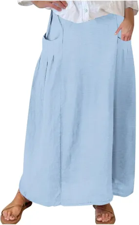 Womens High Waist Maxi Skirts Casual Loose Fit Flowy Swing Pleated A Line Long Skirts Solid Color Skirts with Pocket
