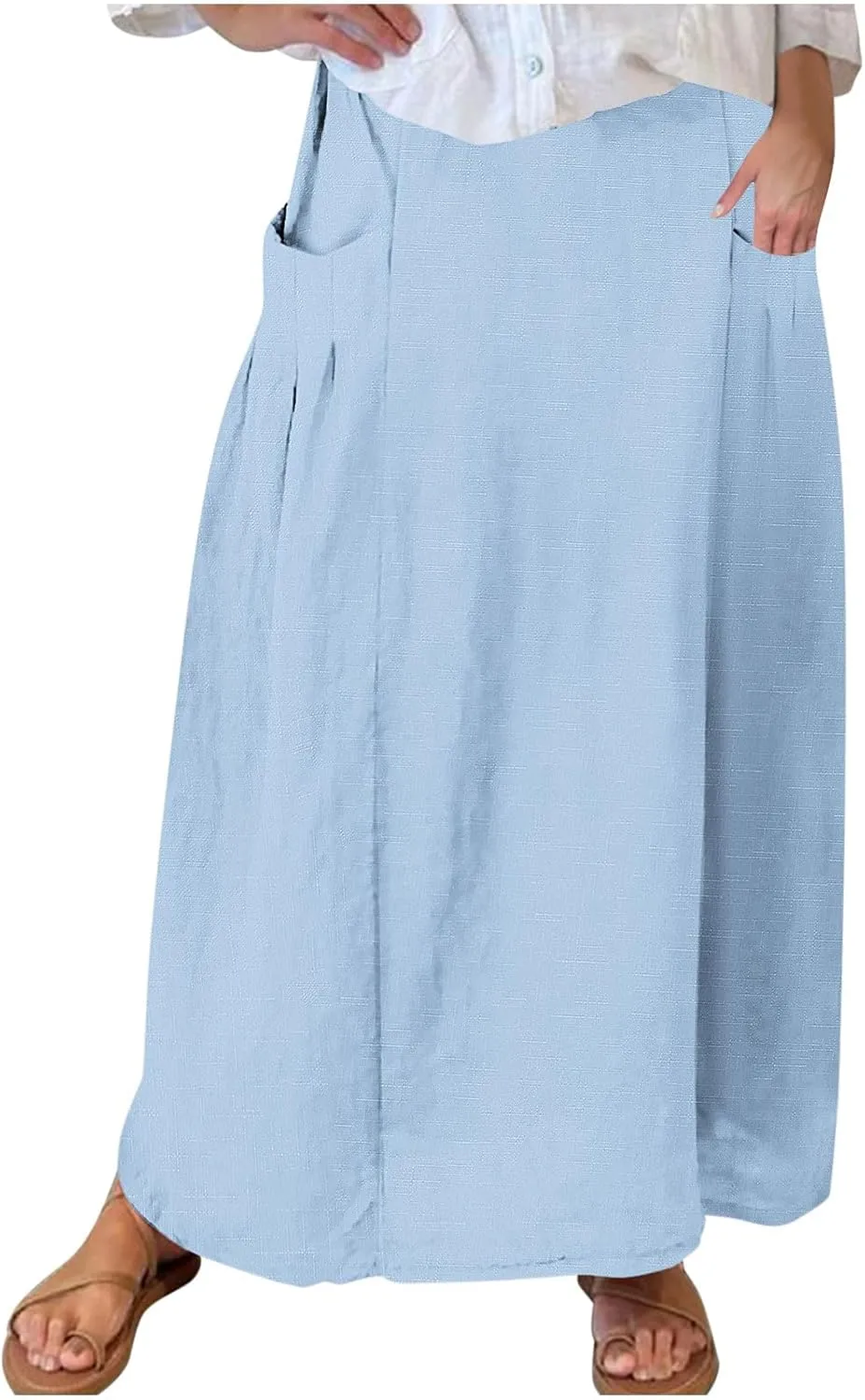 Womens High Waist Maxi Skirts Casual Loose Fit Flowy Swing Pleated A Line Long Skirts Solid Color Skirts with Pocket