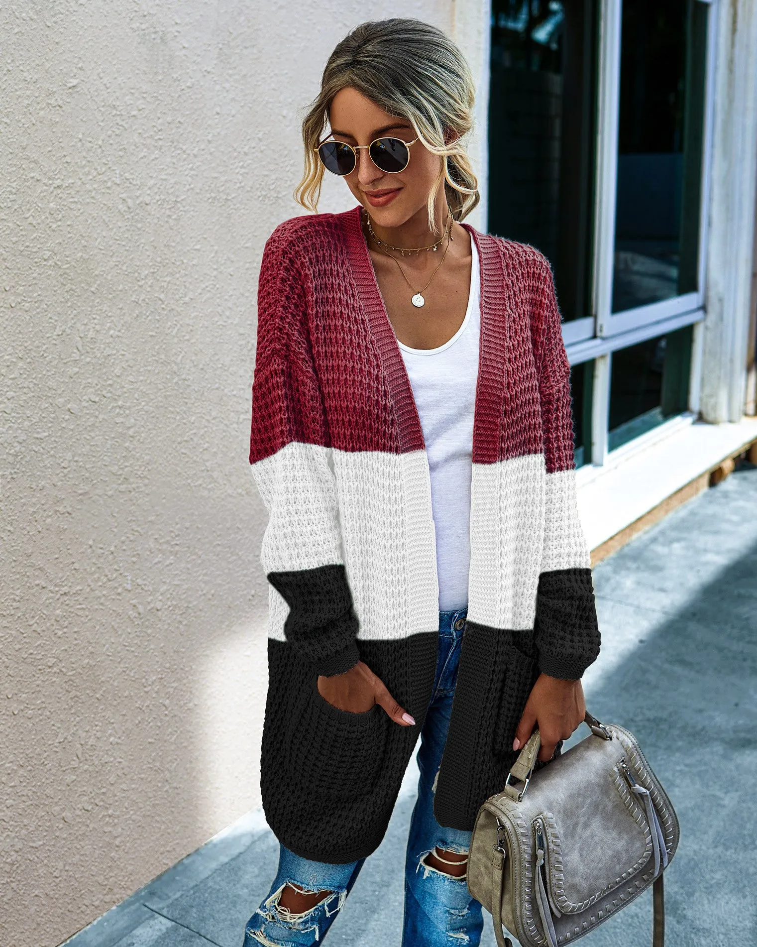 Women’s Knit Colorblock Cardigan with Pockets