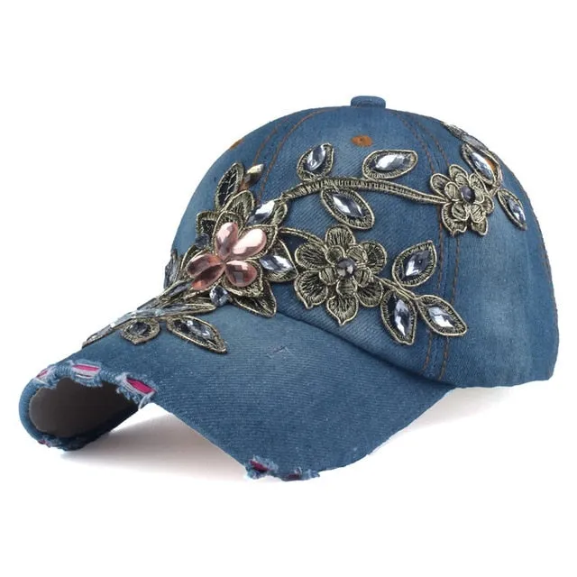 Women's Rhinestone Floral Baseball Hat