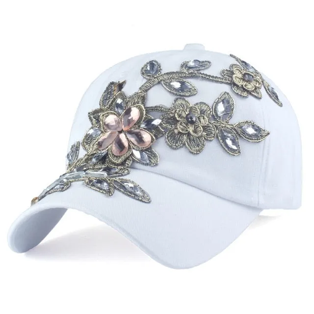 Women's Rhinestone Floral Baseball Hat
