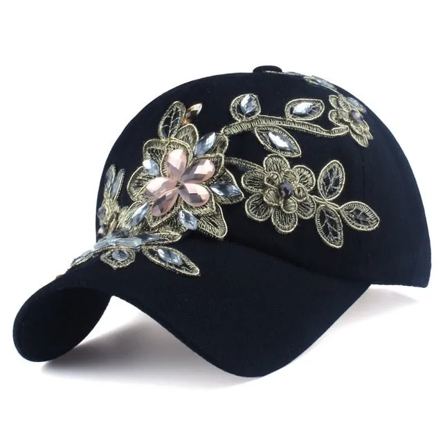 Women's Rhinestone Floral Baseball Hat