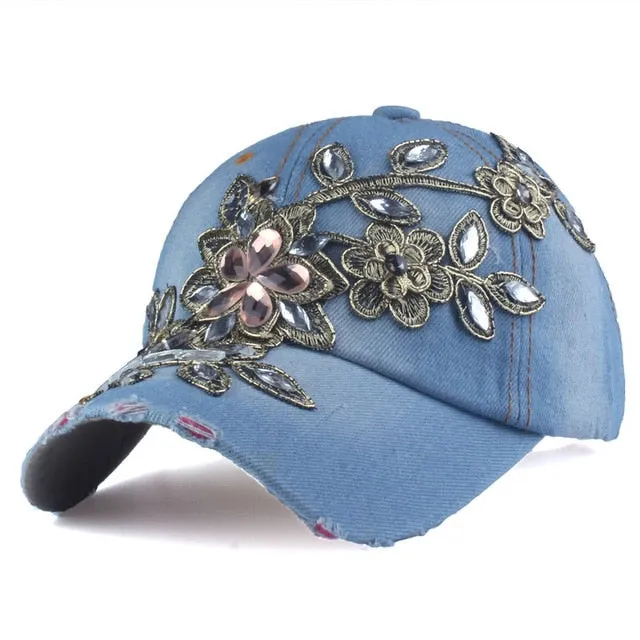 Women's Rhinestone Floral Baseball Hat
