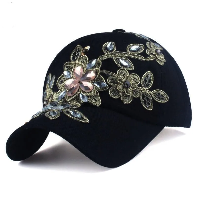 Women's Rhinestone Floral Baseball Hat