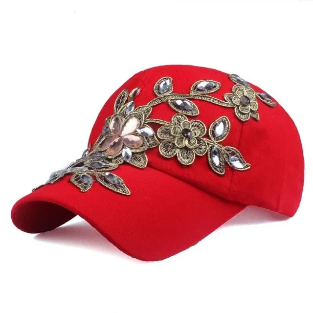 Women's Rhinestone Floral Baseball Hat