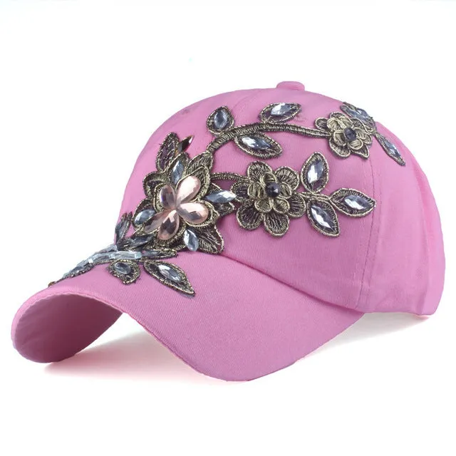 Women's Rhinestone Floral Baseball Hat