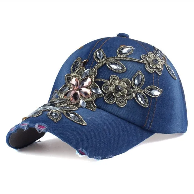 Women's Rhinestone Floral Baseball Hat