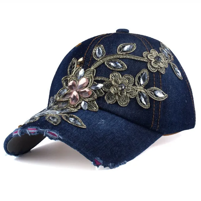 Women's Rhinestone Floral Baseball Hat