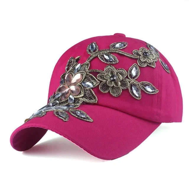 Women's Rhinestone Floral Baseball Hat