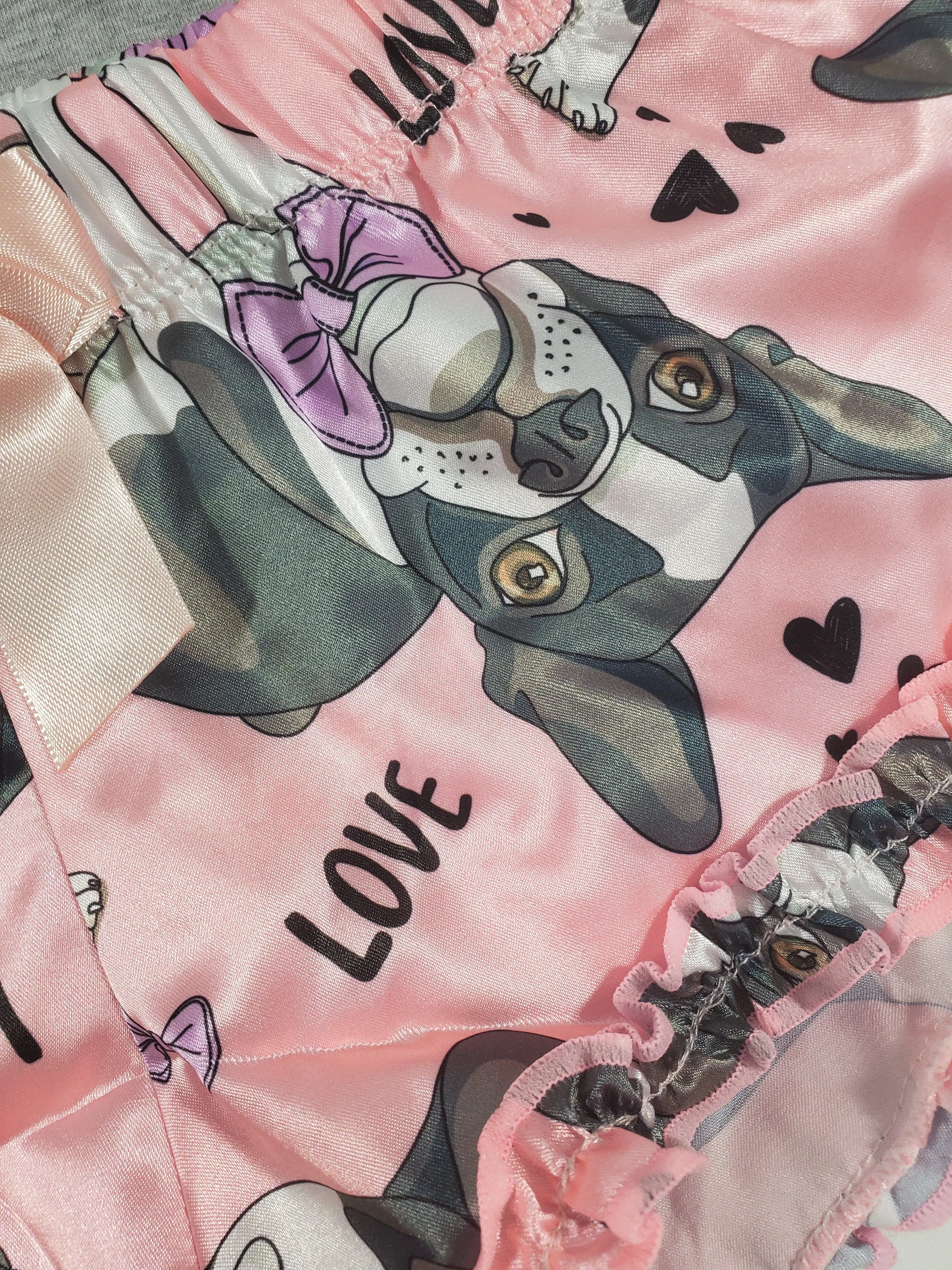Women's Sexy pajama pink satin shorts puppies theme gray blouse
