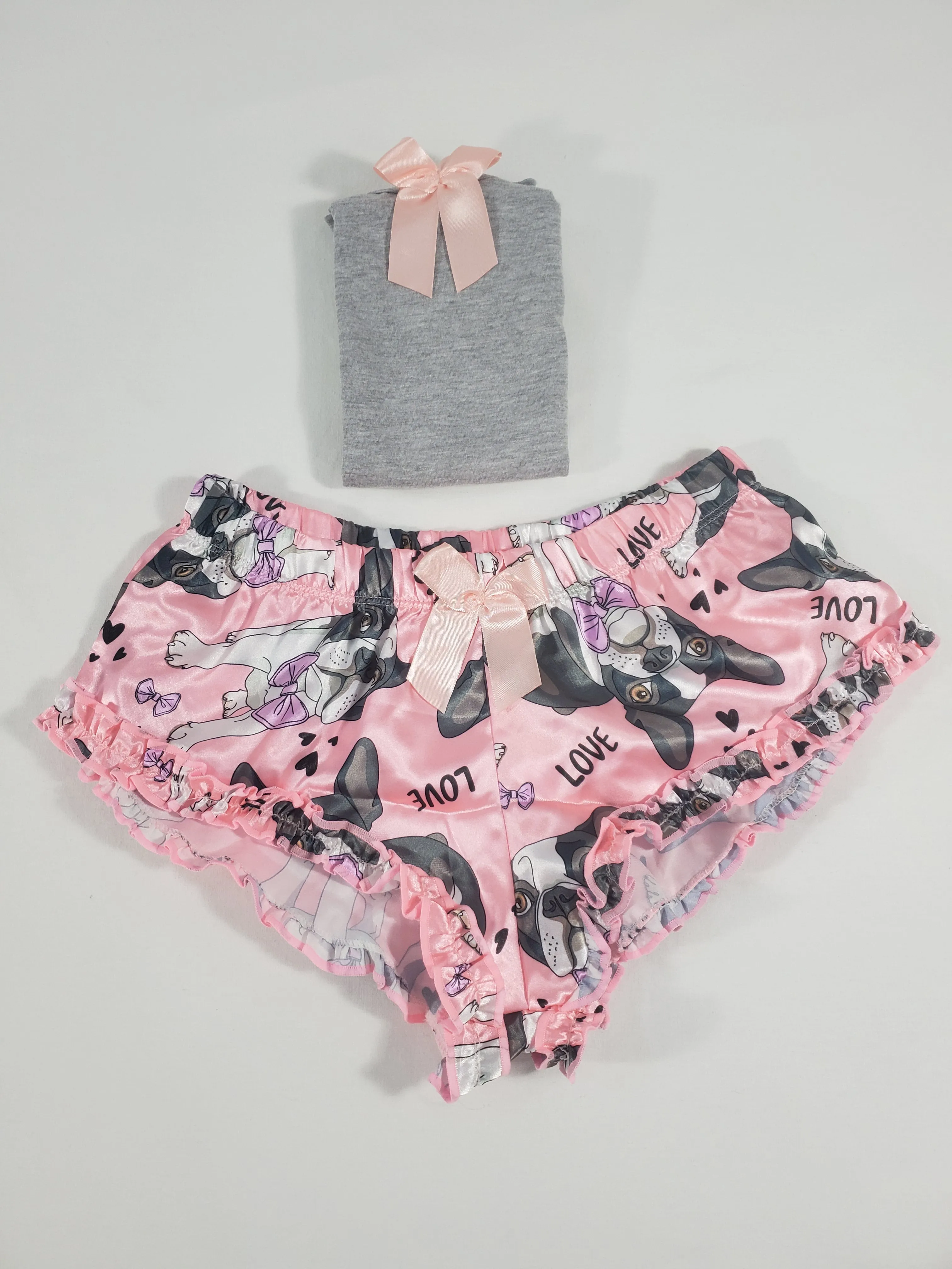 Women's Sexy pajama pink satin shorts puppies theme gray blouse