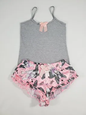 Women's Sexy pajama pink satin shorts puppies theme gray blouse