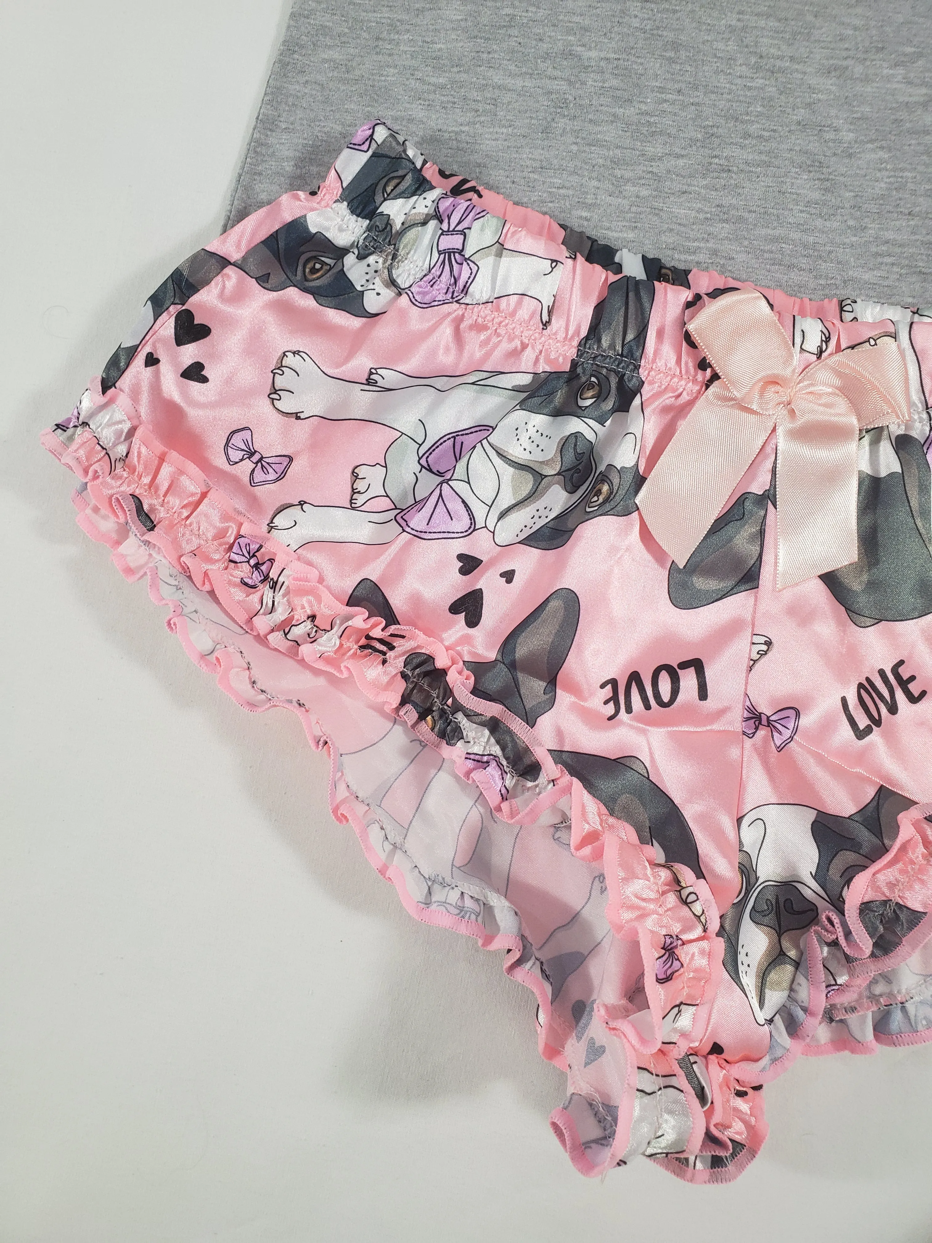 Women's Sexy pajama pink satin shorts puppies theme gray blouse