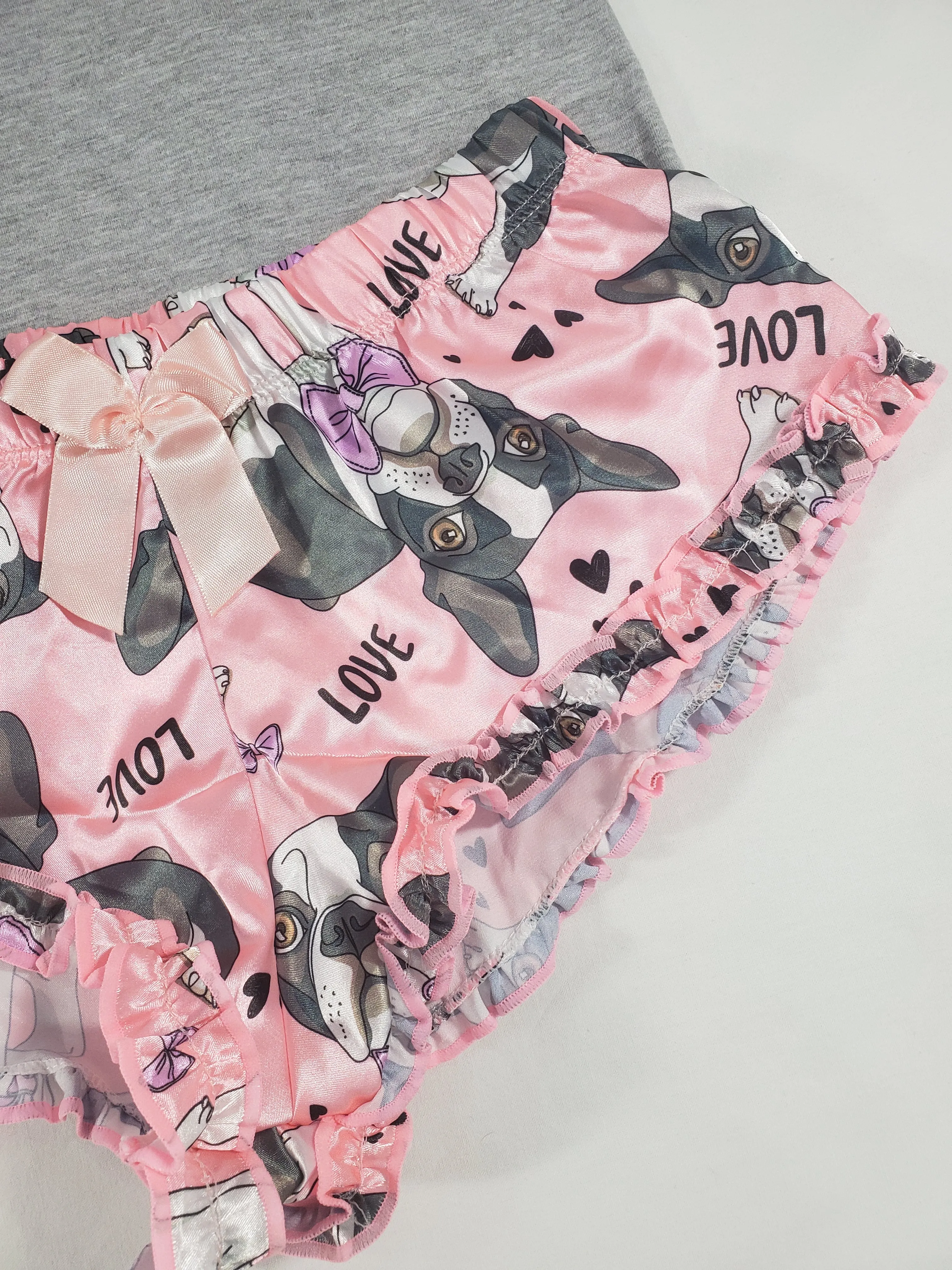 Women's Sexy pajama pink satin shorts puppies theme gray blouse