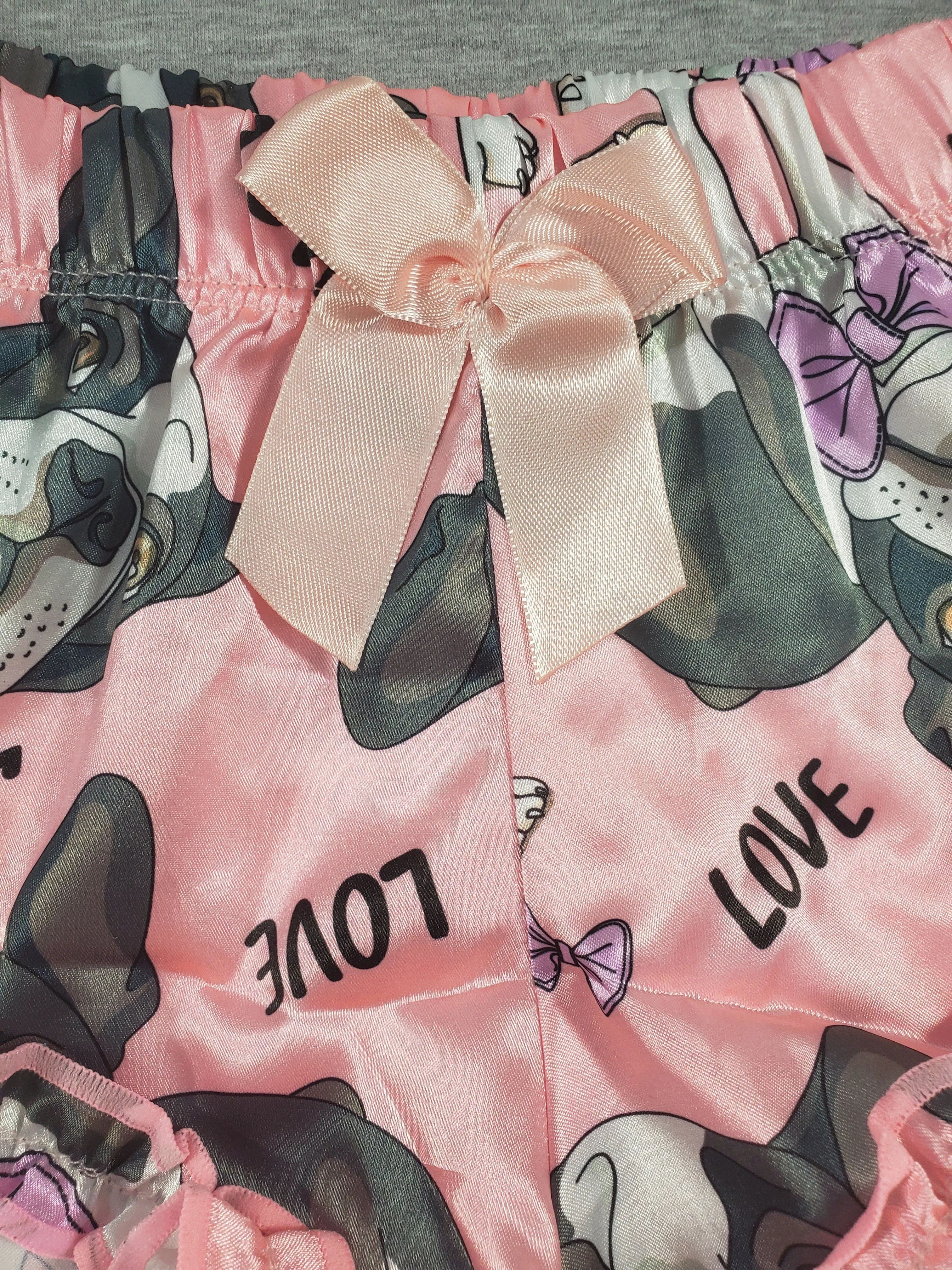 Women's Sexy pajama pink satin shorts puppies theme gray blouse