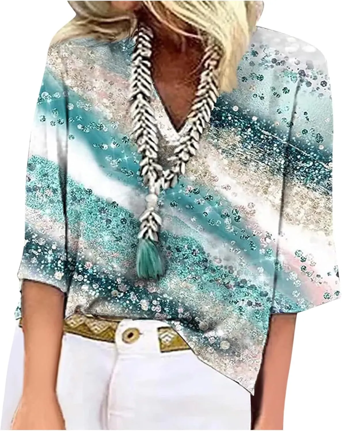 Women's Shirt Blouse Casual Loose Shirts 3/4 Sleeve Print V Neck Tops T-Shirts Tee Women's Athletic Shirts