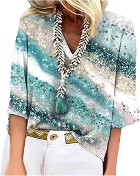 Women's Shirt Blouse Casual Loose Shirts 3/4 Sleeve Print V Neck Tops T-Shirts Tee Women's Athletic Shirts