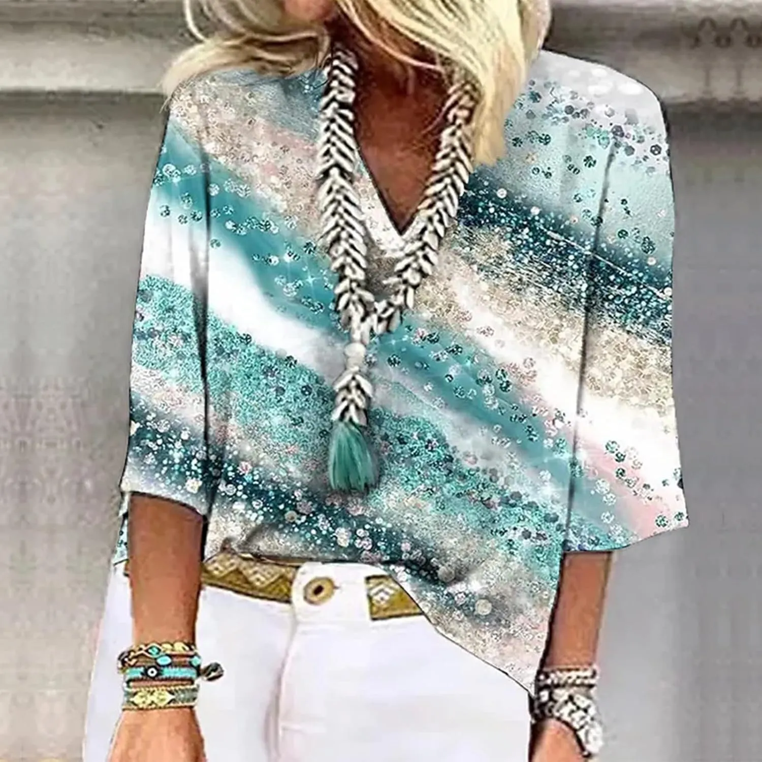 Women's Shirt Blouse Casual Loose Shirts 3/4 Sleeve Print V Neck Tops T-Shirts Tee Women's Athletic Shirts