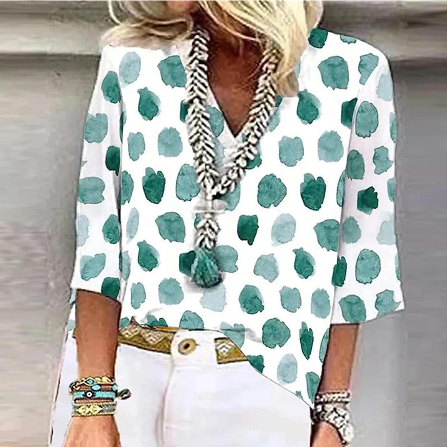 Women's Shirt Blouse Casual Loose Shirts 3/4 Sleeve Print V Neck Tops T-Shirts Tee Women's Athletic Shirts