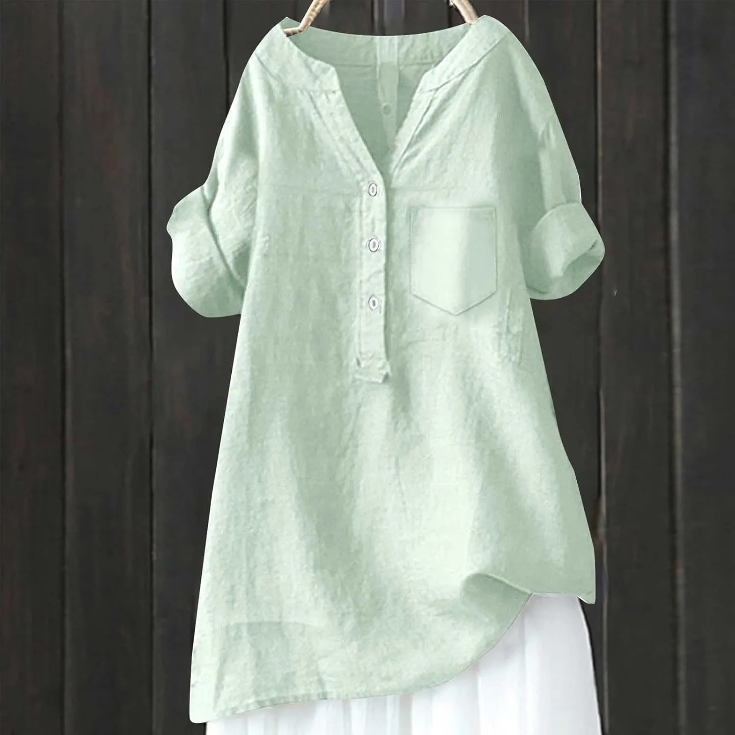 Women's Short Sleeve Linen Shirts Casual V-Neck Plus Size T-Shirts Button Down Loose Summer Tee Shirts