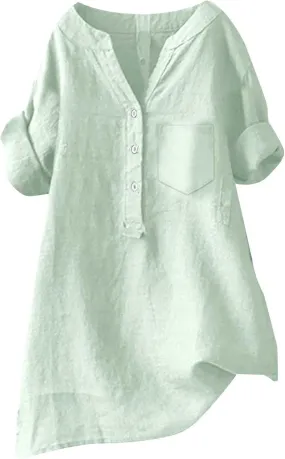 Women's Short Sleeve Linen Shirts Casual V-Neck Plus Size T-Shirts Button Down Loose Summer Tee Shirts