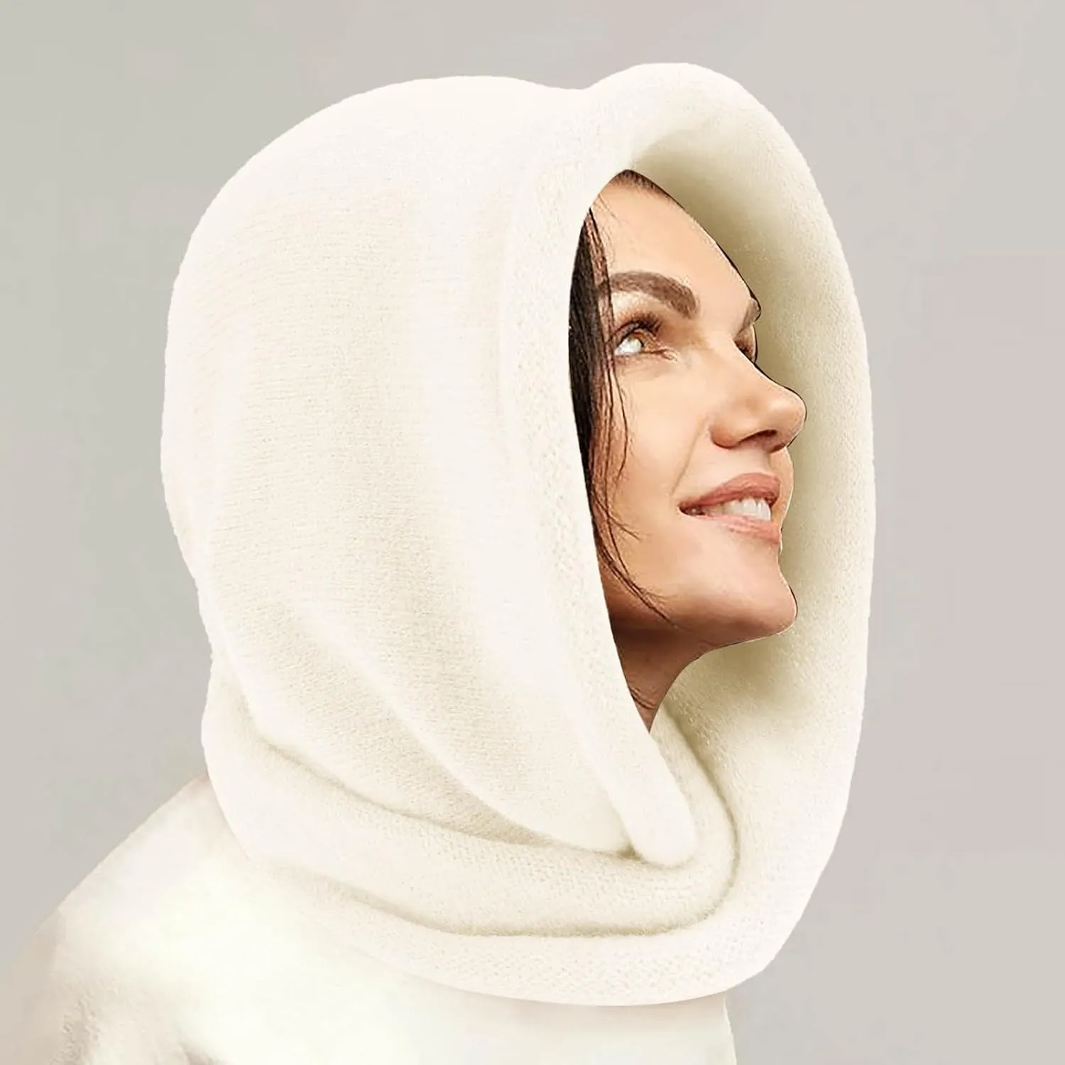 Women's Solid Color Winter Scarf Hat Combo Plush Knit Headscarf with Faux Caps