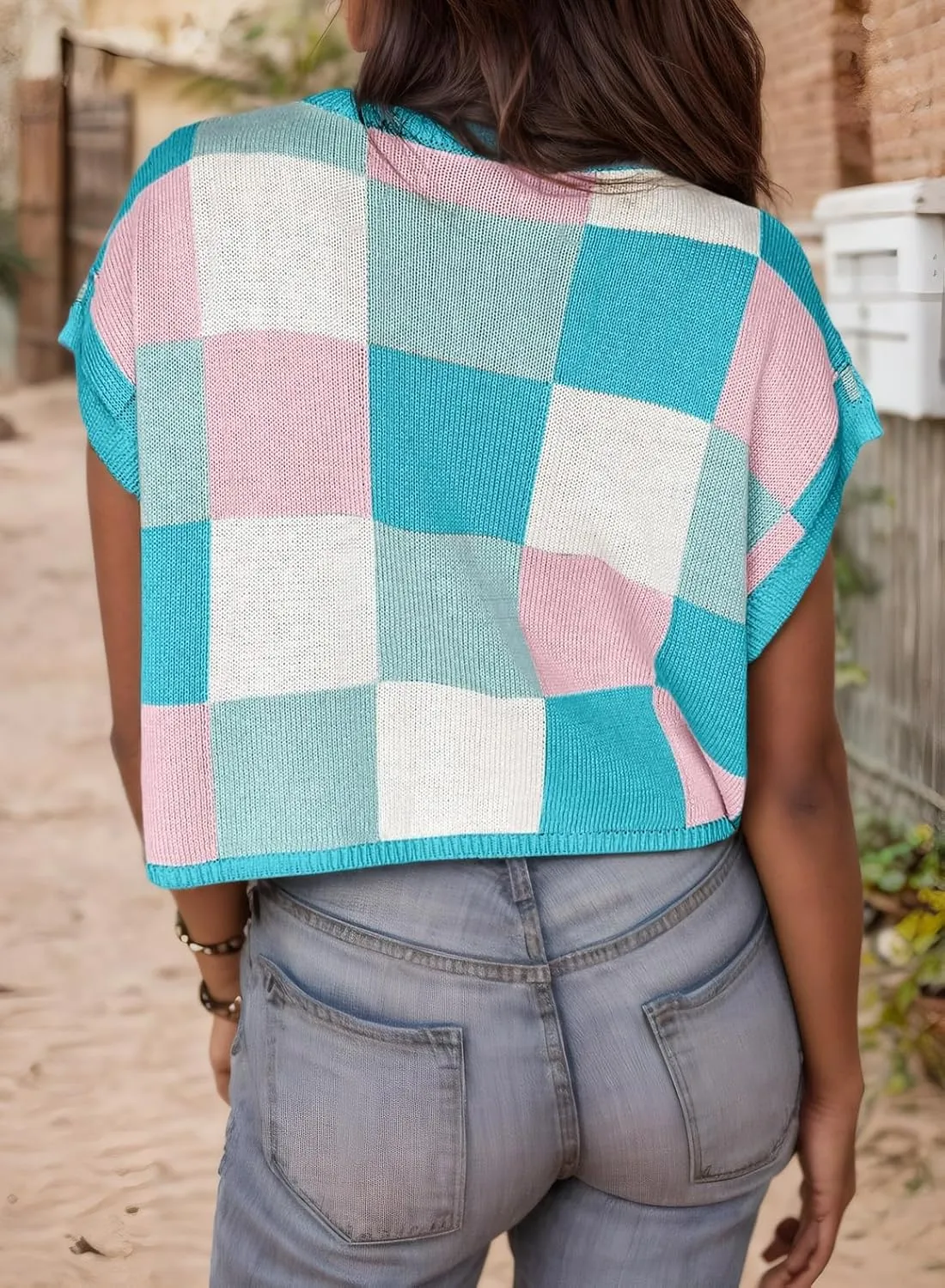 Womens Sweaters Cap Sleeve Crop Tops Color Block Knit Crew Neck Summer Casual Sweaters