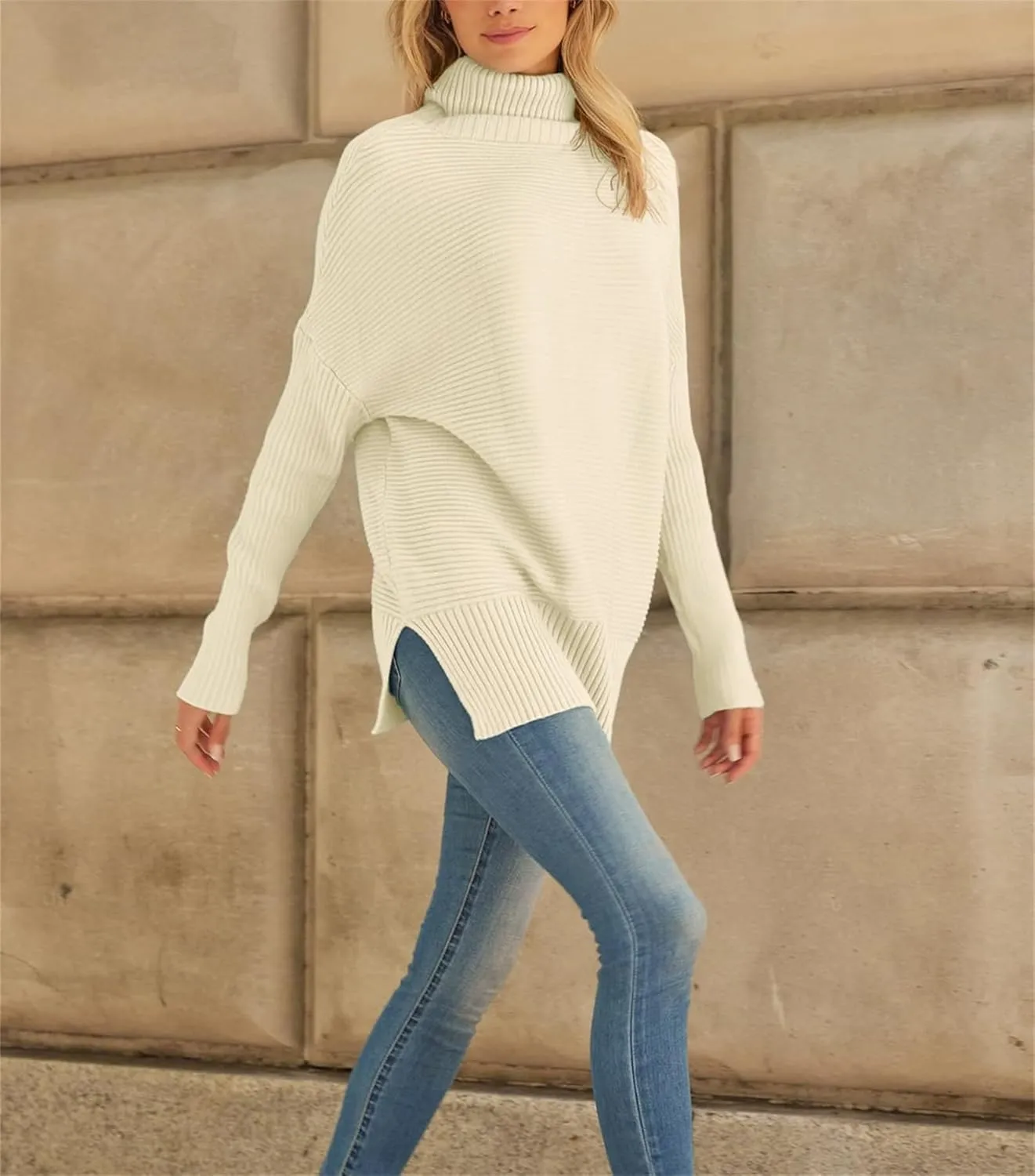 Women's Turtleneck Oversized Sweaters Split Hem Casual Knit Pullover Tops Fall Winter Outfits Fashion Sweaters