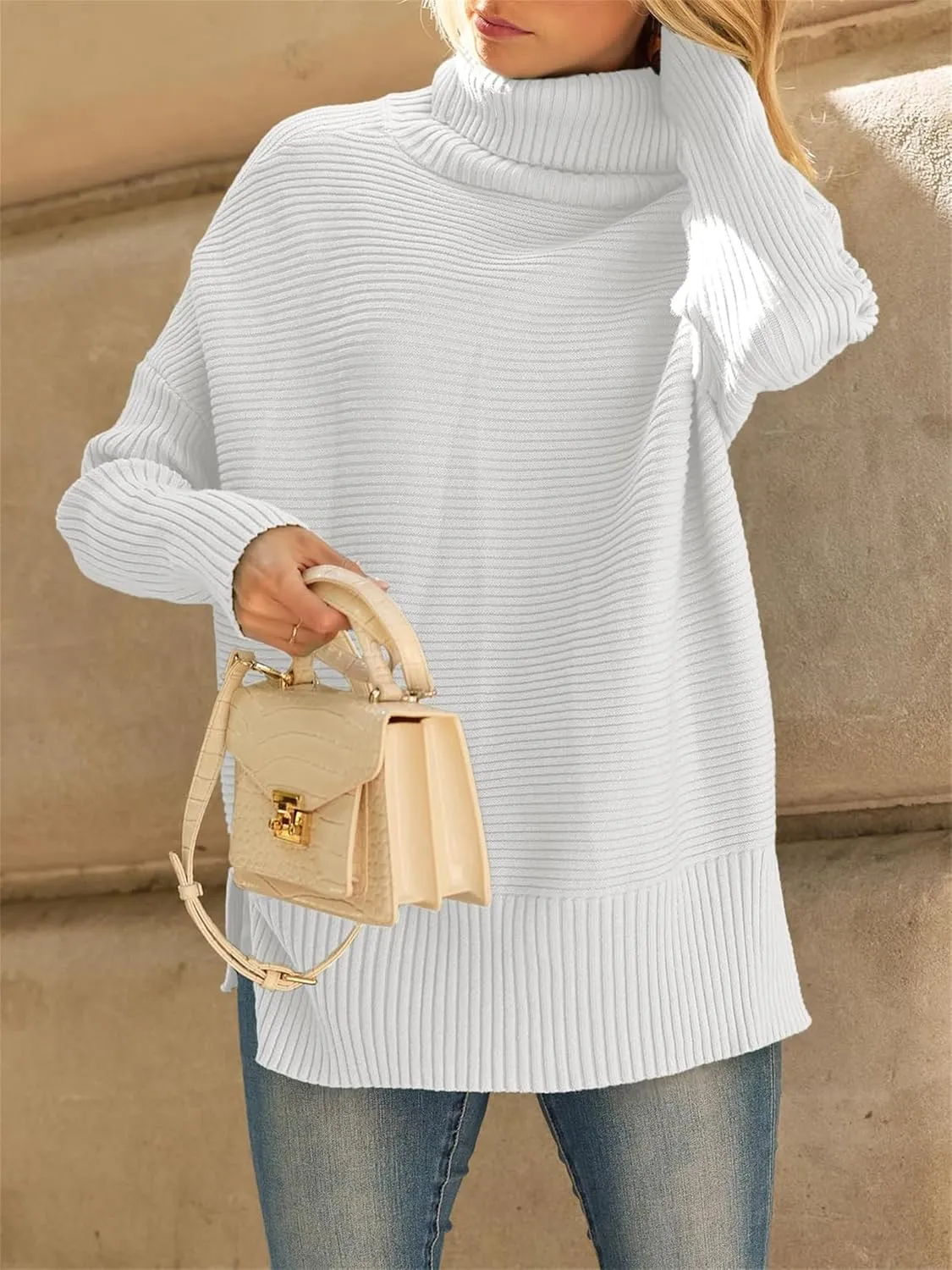 Women's Turtleneck Oversized Sweaters Split Hem Casual Knit Pullover Tops Fall Winter Outfits Fashion Sweaters