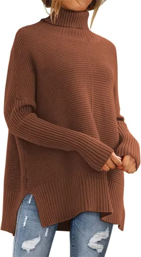 Women's Turtleneck Oversized Sweaters Split Hem Casual Knit Pullover Tops Fall Winter Outfits Fashion Sweaters