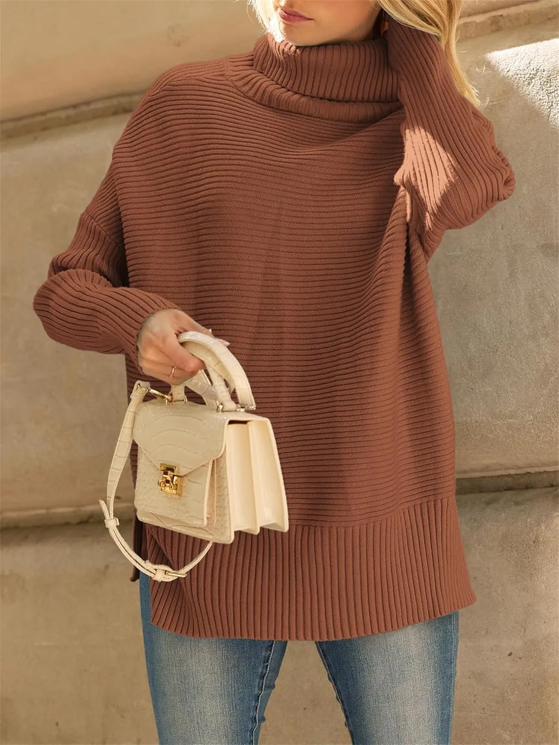 Women's Turtleneck Oversized Sweaters Split Hem Casual Knit Pullover Tops Fall Winter Outfits Fashion Sweaters