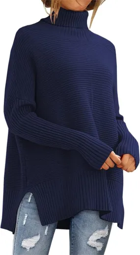 Women's Turtleneck Oversized Sweaters Split Hem Casual Knit Pullover Tops Fall Winter Outfits Fashion Sweaters