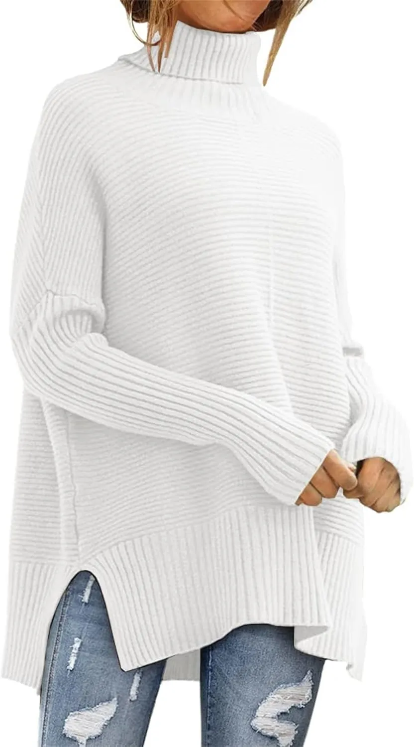 Women's Turtleneck Oversized Sweaters Split Hem Casual Knit Pullover Tops Fall Winter Outfits Fashion Sweaters